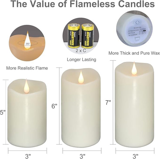 TECHLONG Flickering Flameless Candles with 3D Moving Flame Set of 3(H 5" 6" 7" x D 3"), Last 1000+ Hours Battery Operated Candles with Remote Timer, Ivory Real Wax Electric LED Pillar Candles