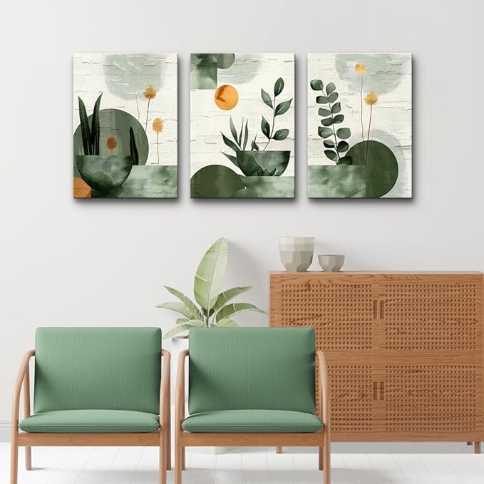 TTHYUEWS Large Wall Decor For Living Room Bedroom Wall Art Decor Boho Canvas Wall Art Prints Geometry Plant Pictures Abstract Paintings Office Artwork Modern Home Decoration 3 Piece Ready To Hang