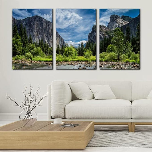 Pacimo 3 Pieces Green Wall Art Painting Yosemite National Park Clear Water Lake Mountain Trees Rocks Pictures Prints On Canvas Landscape Wall Decor for Home Modern Decoration Print - 16"x24"x3 Panel