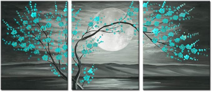 iKNOW FOTO 3pcs Grey and Teal Floral Canvas Prints Framed Plum Blossom Tree Oil Painting Printed on Canvas Gallery Wrapped Full Moon Flower Pictures Living Room Traditional Paintings 12x16x3pcs