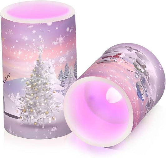 ALAZA Christmas Tree and Snowman Winter Snowflakes Flickering Flameless Candles Battery Operated with Remote Timer,Tea Light Candles LED Pillar Votive Candles Set of 2 for Outdoor Indoor Decorations