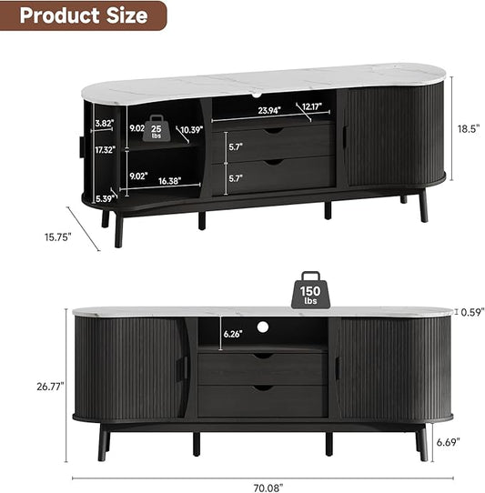 ONBRILL 70 Inch Fluted TV Stand for TVs up to 80 Inch, Curved Entertainment Center with LED Light, Power Outlet, Storage, Mid Century Modern Media TV Console Table for Living Room, Bedroom, Black