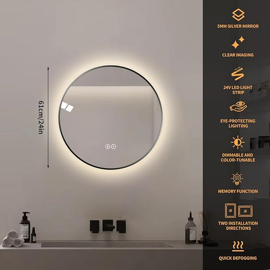 Round LED Bathroom Mirror with Gold Frame, 24V Backlight, 3 Color Temperatures, Dimmable, Memory Function, Defogging (Black Border, 24" L x 24" W)