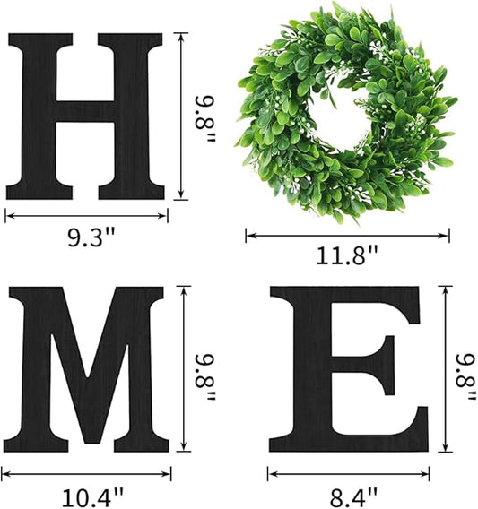 Pinkpum Wooden Home Sign with Artificial Green Wreath for O, Hanging Farmhouse Wall House Decor Wood Letters for Wall Art Rustic Home Decor, Wall Decor for Living Room Kitchen Entryway (Black)
