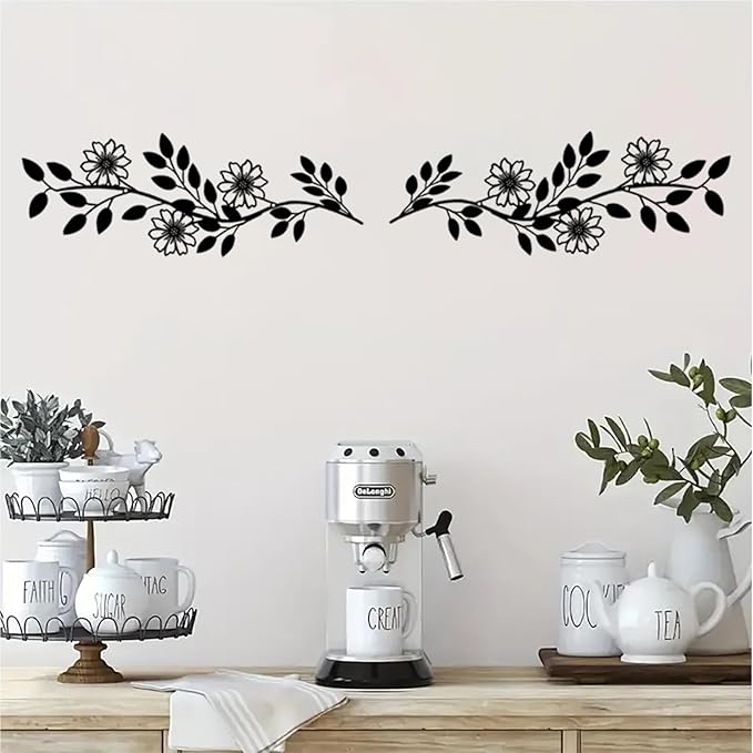DUOOLN 2 Pcs Metal Tree Leaf Wall Decor, Long Iron Scroll Vine Wall Art Above, Rustic Hanging Sign, Line Flowers Sculpture For Above Door Living Room Office Indoor And Outdoor Decoration - Black