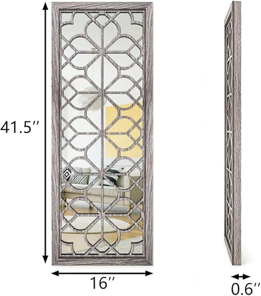 Set of 2 16x41.5 Inch Large Carved Floral Wood Frame Wall Mirrors, Shatterproof Boho Farmhouse Rustic Accent Mirrors for Living Room, Bedroom, Bathroom, Entryway & Home Wall Decor (Brown)