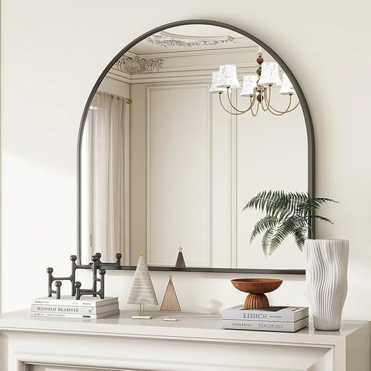 VooBang Wide Arched Wall Mirror, 31 x 32 inch Arch Bathroom Mirror, Wall Mounted Vanity Mirror with Arch Metal Frame, Modern Bathroom Vanity Mirror for Bedroom, Living Room, Hanging or Leaning, Black