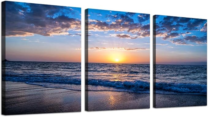 Framed Canvas Wall Art for living room Large Size Office Wall Decor Sunrise blue sea view Wall Pictures Artwork ocean Paintings Ready to Hang for Modern bedroom Home Decoration 16" x 24" 3 Pieces
