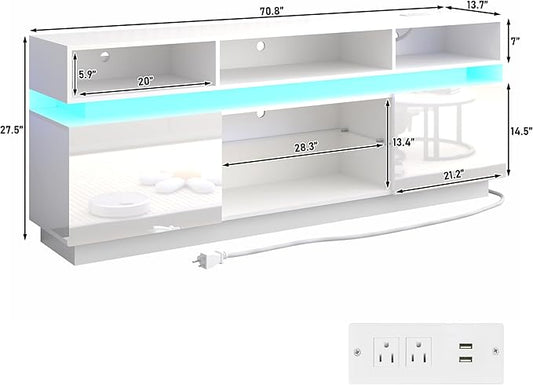 chartustriable LED TV Stand for 80 Inch TV, Modern Tall Entertainment Center with Power Outlets, High Gloss TV Stand, Gaming TV Media Console with Glass Shelf for Living Room, 71 Inch, White