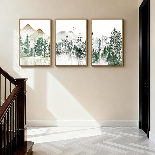 Extra Large Green Forest Mountain Wall Art Watercolor Nature Landscape Framed Wall Decor Boho Pine Tree Painting for Living Room Bedroom Bathroom Office 24x36 Inch Set of 3