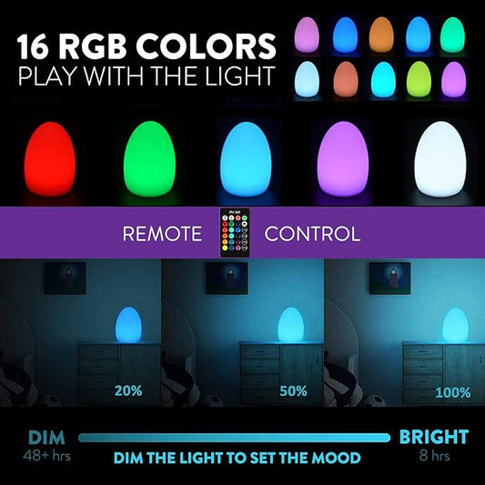 Mr.Go 8-Inch Rechargeable LED Egg Light - Dimmable Baby Night Light with Remote, 16 Colors & 8 Brightness, Waterproof & Drop Resistant, Portable Bedside Lamp for Kids Bedroom, Home Patio Party Decor