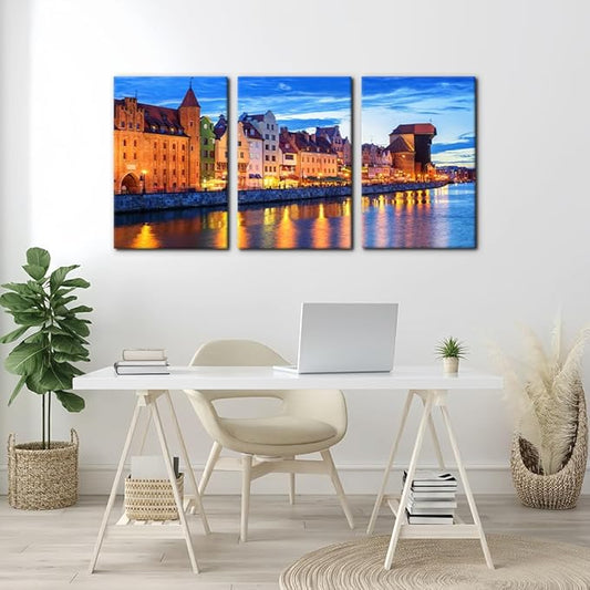 Pacimo 3 Pieces Framed Wall Art Decorations Wisla River Landscape Painting Print on Canvas Gdansk Poland Cityscape Wall Art for Home Office Decor Modern Artwork Stretch Ready to Hang - 16"x24"x3