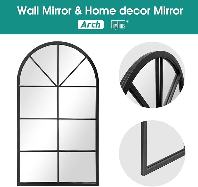 42"x 24" Arched Mirror, Window Wall Mirror, Vanity Mirrors, Metal Framed, Arched-Top Farmhouse Mirrors, Rustic Decorative Mirror (Black)