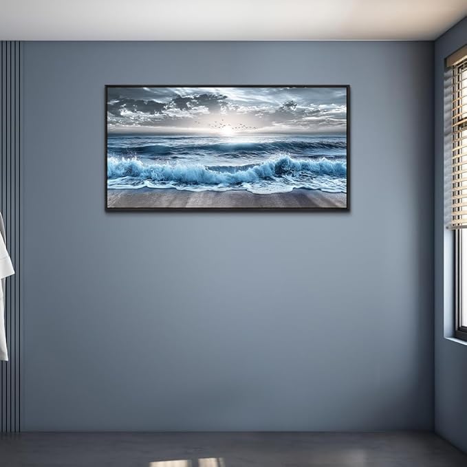 ERQINHUA Wall Decor For Bedroom Dining room Wall Art For Living Room Office Decor Blue Beach Sea Wave Paintings Sunrise Ocean Seascape Wall Pictures Canvas Artwork Home Decor Black Framed 20x40 In