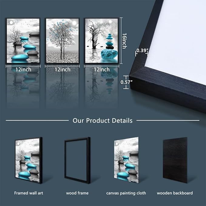 Black Framed Canvas Wall Art for Living Room Wall Decor for Bedroom Bathroom Black and White Paintings Modern 3 Piece Framed Canvas Art Prints Ready to Hang Abstract Blue Pictures Home Decorations