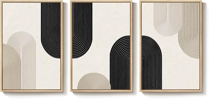 Large Framed Boho Neutral Abstract Wall Art for Living Room, 3 Piece Black and Beige Canvas Prints Artwork for Walls, Modern Minimalist Boho Geometric Wall Art Decor for Hallway Dining Room, 24x36 In