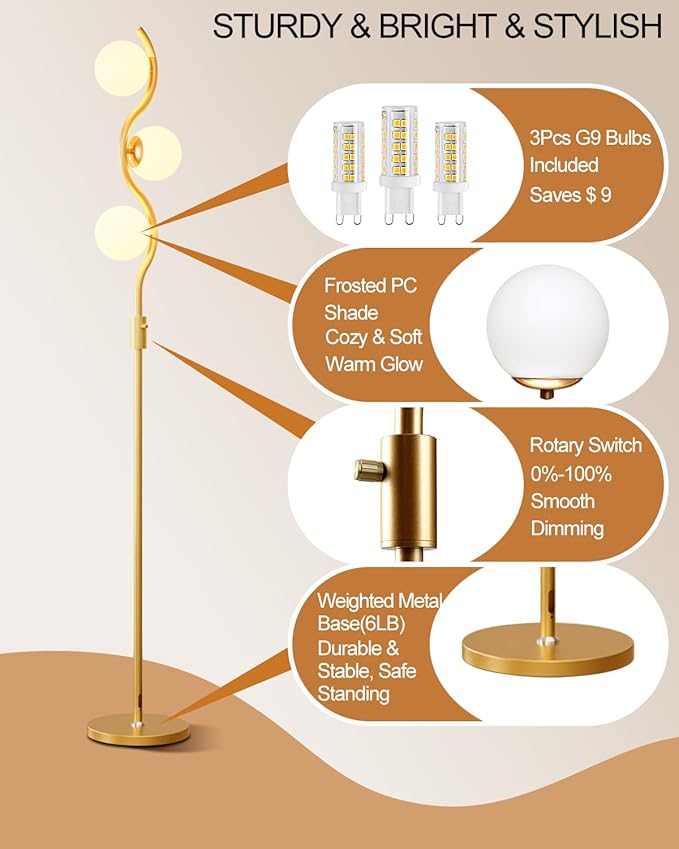 Lightdot 60IN Gold Floor Lamp Stepless Dimmable Globe Floor Lamps with 3Pcs 3000K Bulbs Eye-Friendly Mid Century Standing Lamps with 5Lbs Heavy Base for Living Room/Bedroom/Sofa Beside/Corner Decor