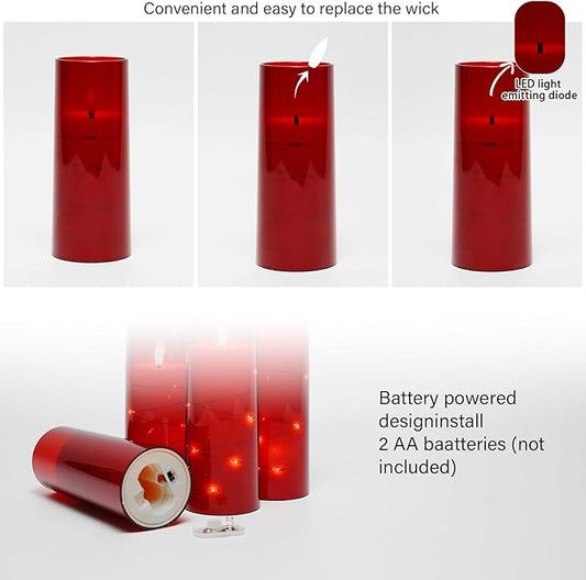 kakoya Flameless LED Candles with Timer 9 Pc Flickering Flameless Candles for Romantic Ambiance and Home Decoration Stable Acrylic Shell,with Embedded Star String,Battery Operated Candles(Red)