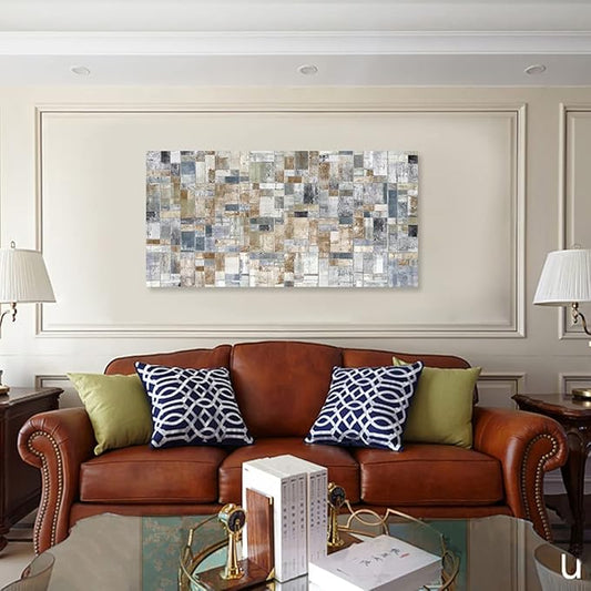 yearainn Large Abstract Canvas Wall Art for Living Room Wall Decor Geometric Patterns Prints Artwork Brown Grey Indigo Rectangle Canvas Pictures Home Office Wall Decorations Ready to Hang 24" X 48"