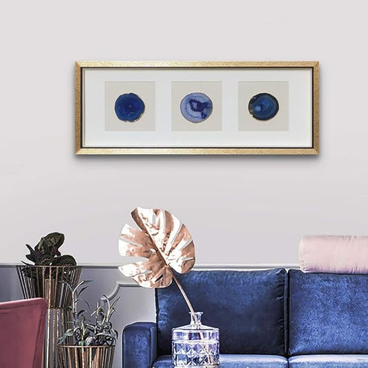 ARTECORS Handmade 15.7"x15.7" Gold Edge Natural Agate Wall Art with Shadow Box Frame Front Glass for Living Room Bedroom Home Decoration (Trio Blue)