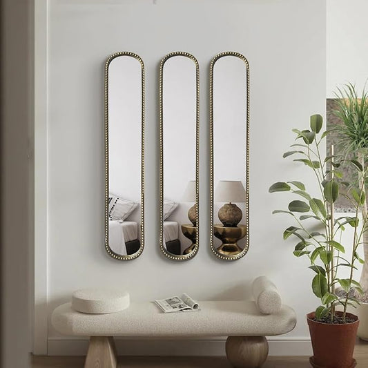 Long Skinny Mirror for Wall,Gold Narrow Oval Mirror for Entryway Bath,Metal Frame with Gold Decor Mirrors,7.9X 44 3-Pack