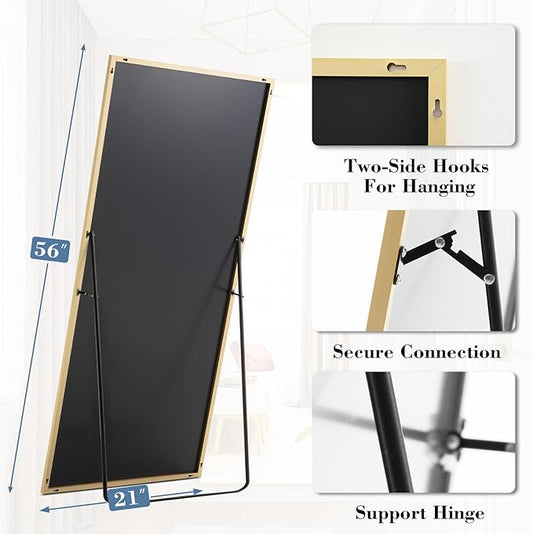 NEWBULIG Mirror Full Length, 56"x21" Body Wall Mirrors with Shatter-Proof Glass, Upgraded Floor Standing Mirror, Hanging or Leaning, with Stand Aluminum Alloy Frame for Home Decor, Bedroom, Gold