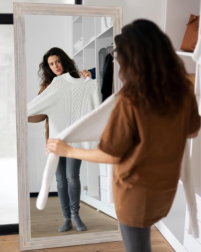 Full Length Mirror, 81"x41" Wooden Mirror Full Length with Stand Wood Floor Mirror, Oversized Stand Up Mirrors Large Wall Mirrors, Wall Mounted Mirrors, Rect Wood Style, White