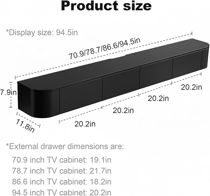 Floating TV Stand 87 Inch Wall Mounted TV Cabinet with LED Light Strip, TV Media Console with Flip-Down Door & Drawers for Living Room (Black, Light Strip 86.6")
