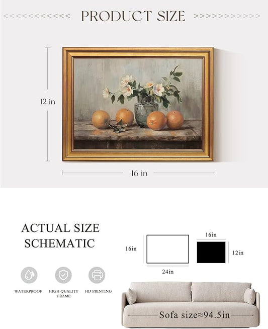 VIYYIEA Vintage Gold Framed Canvas Prints Wall Decor, Farmhouse Vintage kitchen Wall Art, Classical Oranges Still Life Paintings, Rustic Pictures for Dining Room Living Room Shelf, 12x16inch