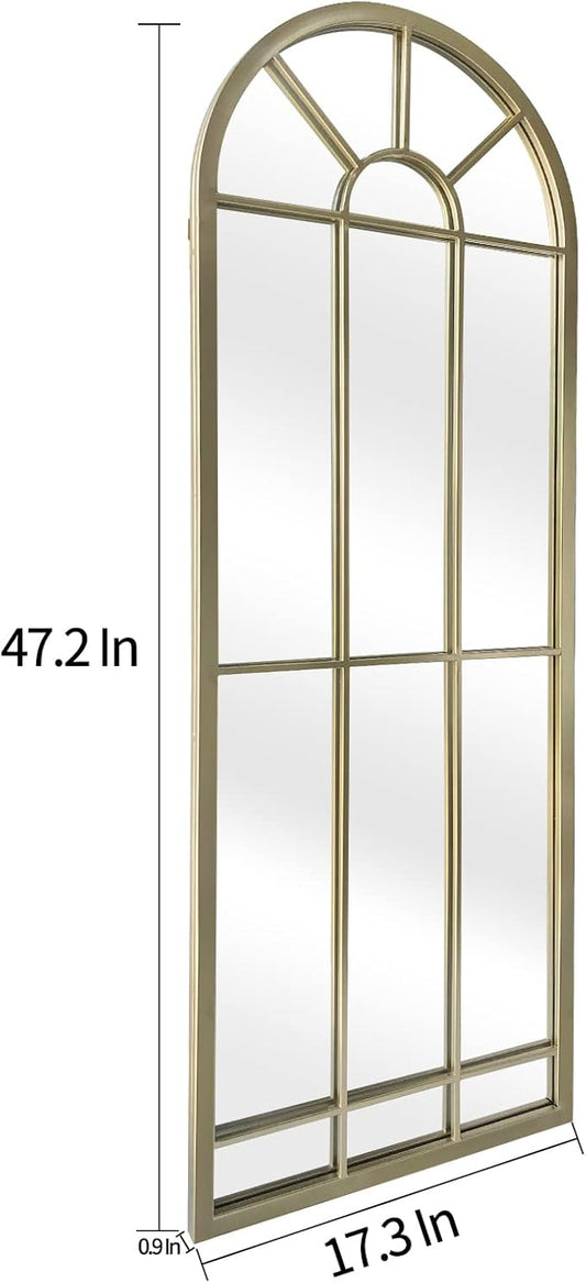 HQiJun Wall Mirror Window Decorative Mirrors Arched Farmhouse for Living Room Bedroom Entryway Bathroom Vanity(Gold,47” x17” x 1”)