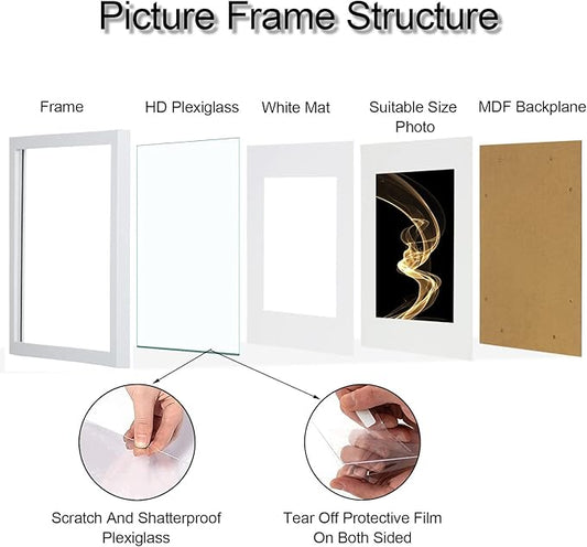 HEART ART 8x8 Picture Frame Set of 9, Display Pictures 4x4 with Mat or 8 x 8 without Mat, Multi Gallery Square Photo Frames for Wall,White