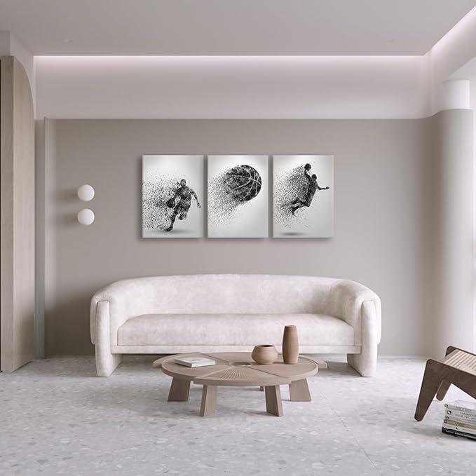 Basketball Canvas Wall Art Prints Set of 3, Framed Basketball Posters Wall Decor, Sports Room Decor For Men Kids Teenagers, Basketball Poster Set For Bedroom Man Cave, Boys Bedroom Decor