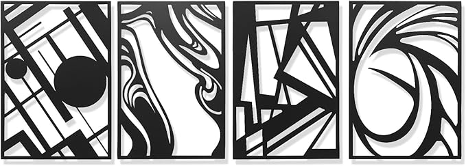 AMAATE Black Metal Wall Art, 4 Pieces Abstract Modern Line Art Sculpture, Hollowed Out Geometric & Fluid Metal Wall Hanging Decor for Living Room Bedroom Office 14.6" X 22.5" in