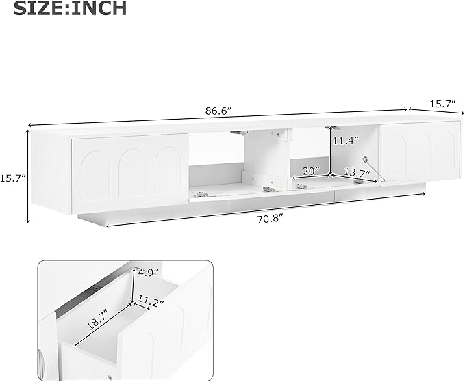 Merax TV Stand for Televisions Up to 95'', Functional Media Console with APP-Controlled Smart LED Light, Arched Cabinet Doors and Fluted Glass Doors, Entertainment Center, for Living Room, White