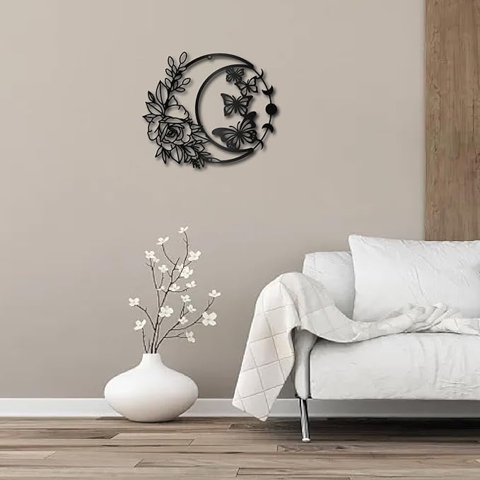 CREATCABIN Moon Rose Metal Wall Art Decor Black Butterfly Wall Hanging Decor Art Hanging Silhouette Ornament for Modern Farmhouse Rustic Home Office Garden Hotel Decoration 11.8x10.2Inch