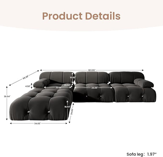 104'' Modular Sectional Couch, L-Shaped Velvet Bubble Couch with Reversible Chaise Ottoman, Modern Black Sectional Couches for Living Room, Apartment (3 Seats, 1 Ottoman, Black)