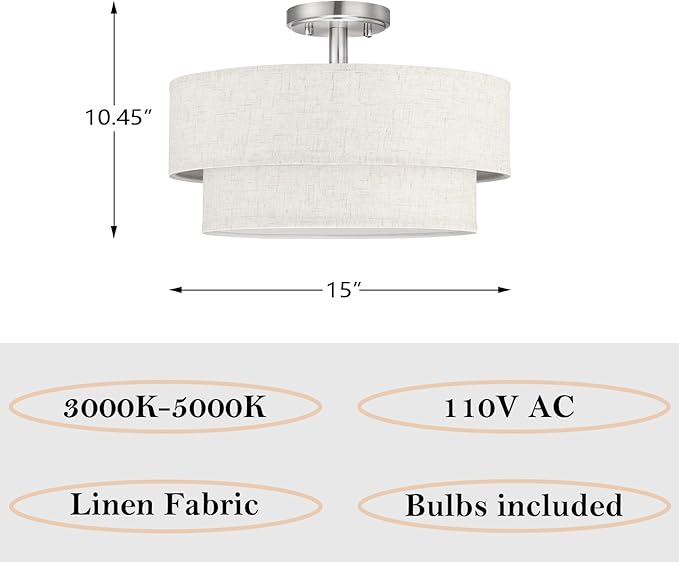 15 Inch LED 18W Adjustable 3000/4000/5000 Brushed Nickel Double Drum Linen Fabric Shade Semi Flush Mount Close to Ceiling Light Fixture for Bedroom,Living Room,Dining Room Hallway