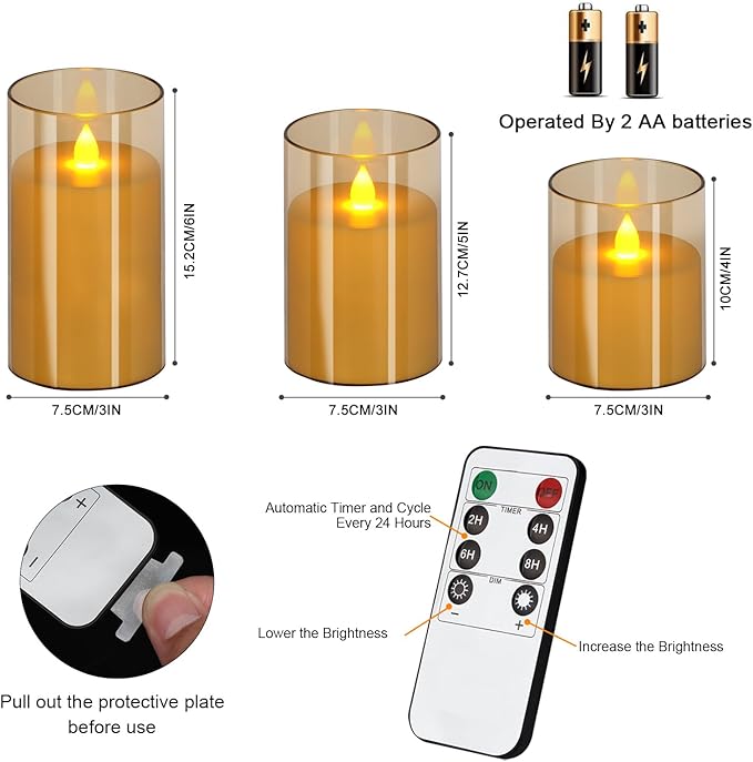 wemarry Flameless Candles 4" 5" 6" Acrylic Glass Pillars 3" Diameter Battery Operated Flickering Candles Include 8-Key Remote with Timer Function 400+ Hours (Amber, Warm Light 12 Pack)