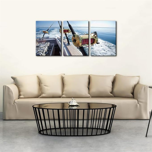 Pacimo 3 Pieces Canvas Wall Art Fishing Reels and Rods Pictures Prints Wall Decor for Living Room Angling Gallery-Wrapped Modern Artwork White Sea Wave Paintings Bedroom House Decor Framed - 12"x16"x3