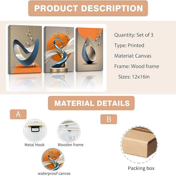 3 Pcs Modern Abstract Canvas Wall art Golden Deer Luxury Foil Lines Paintings Pictures Wall Decoration White Blue orange color Grey posters Prints for Living Room Bedroom Office Home Decoration