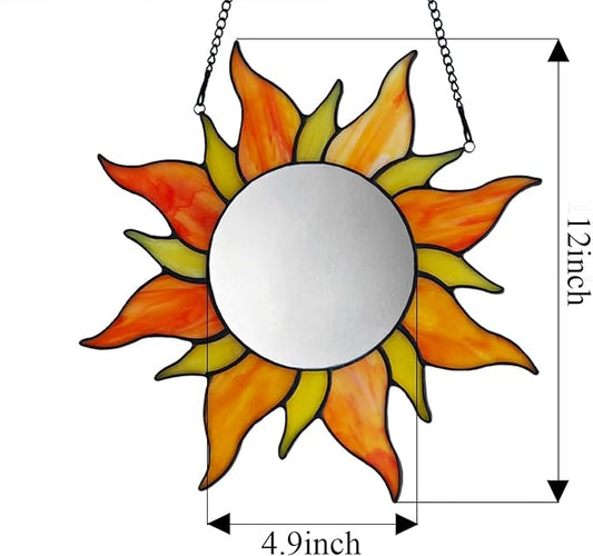 HolliveeyTiffany Style Stained Glass Window Panel with Mirror, for New Year's New House Decoration Hangings, 12 inches Sun Mirror Decorative,Wall-Mounted Mirrors,Fashion Gifts
