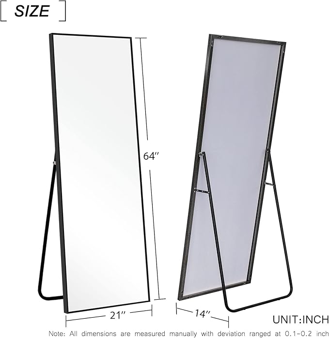 NeuType 64"x21" Full Length Mirror Floor Mirror with Standing Holder Aluminum Alloy Frame Bedroom Dressing Mirror Standing Hanging or Leaning Against Wall, Black