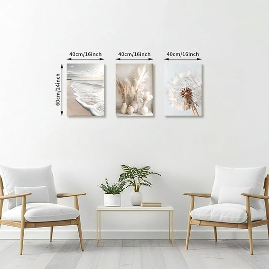 3 Pcs Beach Coastal Sunset Wall Art for Living Room, Modern Beige Dandelion Reeds Botanical Wall Pictures Aesthetic Nature Landscape Wall Painting Art Prints for Bedroom Office Home Decor 16"x24"x3Pcs