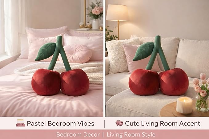 Cherry Pillow for Preppy Room Decor –17x14 In 3D Decorative Cherry Throw Pillow in Luxe Velvet –Shape Hold Fill Fruit Cushion with Sculpted Stem & Embroidered Leaf for Sofa & Aesthetic Home Decor ,Red