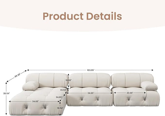 104'' Modular Sectional Couch, L-Shaped Velvet Bubble Couch with Reversible Chaise Ottoman, Modern Cloud Sectional Couches for Living Room, Apartment (3 Seats, 1 Ottoman, Beige)