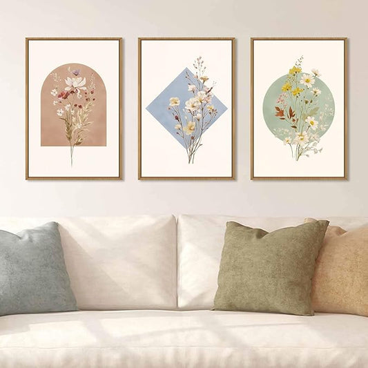 Celestdeco Large Vintage Wildflower Floral Framed Canvas Wall Art Set,Botanical Watercolor Calming Floral Wall Painting,Minimalist Boho Flower Artwork for Living Room,Dining Room,Office Decor -24"x36"x3