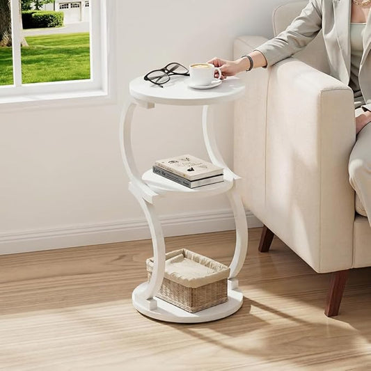 JUSTOGO Small Round Side Table, 3-Tier End Table for Living Room, Vintage Nightstand for Small Spaces Sofa Couch Corner Bedside Bedroom, S-Shaped Wood Accent Table Matel Coffee Table, White