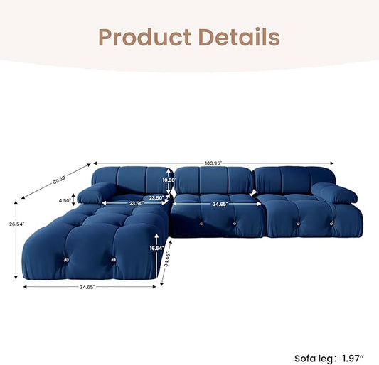 104'' Modular Sectional Couch, L-Shaped Velvet Bubble Couch with Reversible Chaise Ottoman, Modern Cloud Sectional Couches for Living Room, Apartment (3 Seats, 1 Ottoman, Blue)