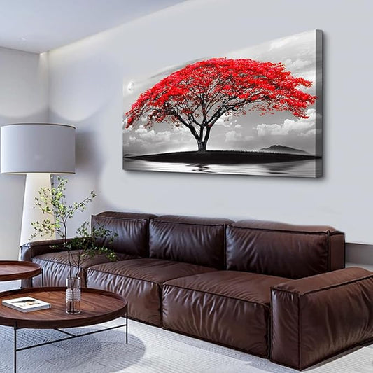 Wapluam Black And White Pictures Large Canvas Prints Wall Art For Living Room Bedroom Wall Decor Red Tree Landscape Painting To Hang Modern Home Decorations For Office Stretched And Framed Artworks