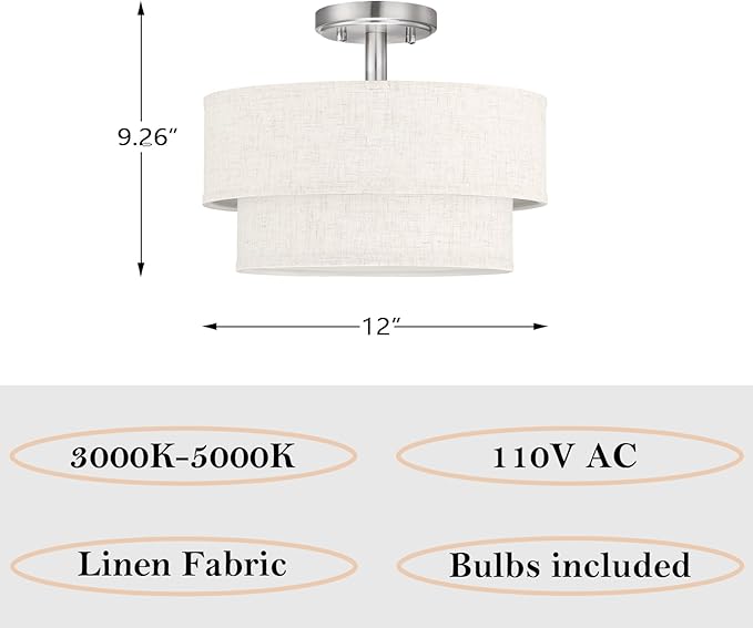 12 Inch LED 18W Adjustable 3000/4000/5000 Brushed Nickel Double Drum Linen Fabric Shade Semi Flush Mount Close to Ceiling Light Fixture for Bedroom,Living Room,Dining Room Hallway